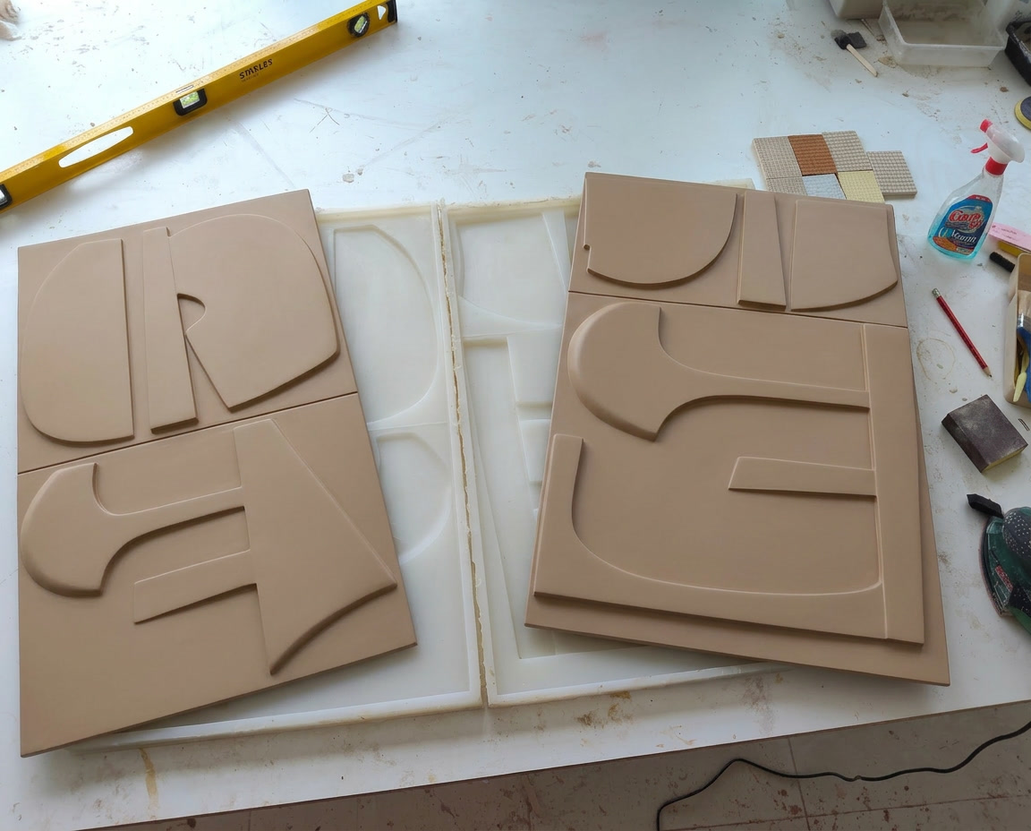 Studio Luminant Lumina PMAG vacuum-cast relief panels in a warm neutral artisan finish