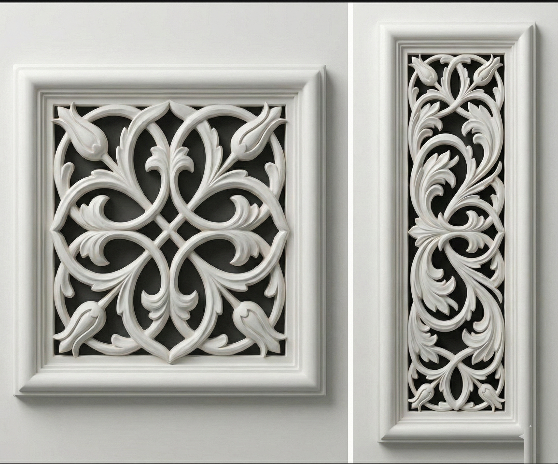 Studio Luminant Bütünleşik Tasarım Sistemi — aynı süsleme deseni kare duvar paneli ve dikey dekoratif elemanda uygulanmış, tek desen her yüzeyde