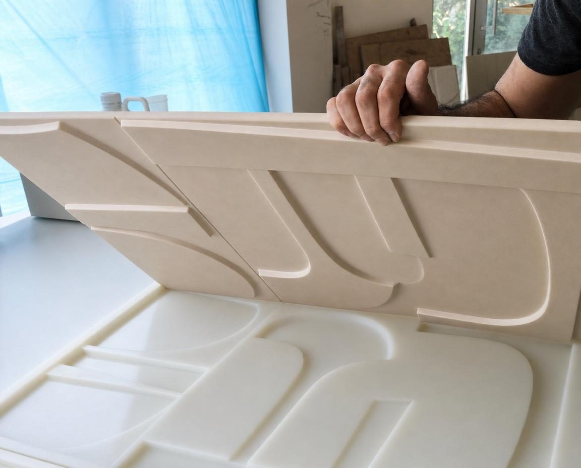 PMAG relief panel being peeled from silicone mould — first appearance
